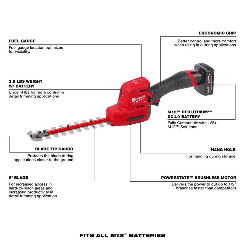 Milwaukee M12 FUEL 2533-21 8 in. 12 V Battery Hedge Trimmer Kit (Battery & Charger)