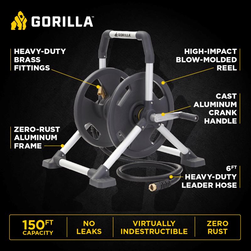 Gorilla 150 ft. Black/Gray Retractable Free Standing Hose Reel Cart