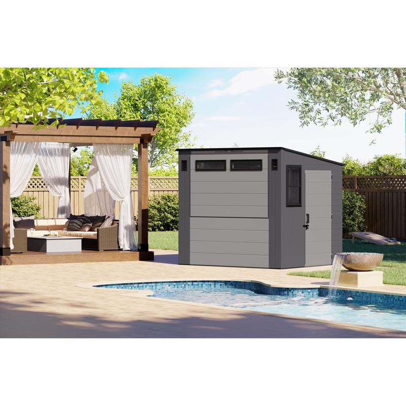 Suncast Cabana Entertainment Shed 8 ft. x 7 ft. Resin Standard Pent Storage Shed with Floor Kit