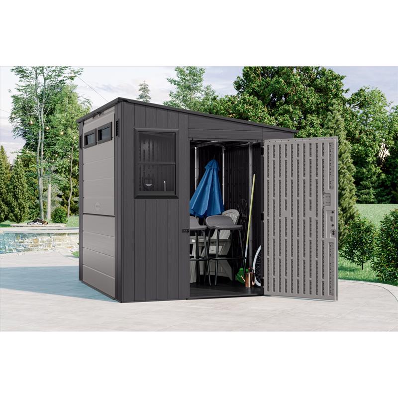 Suncast Cabana Entertainment Shed 8 ft. x 7 ft. Resin Standard Pent Storage Shed with Floor Kit