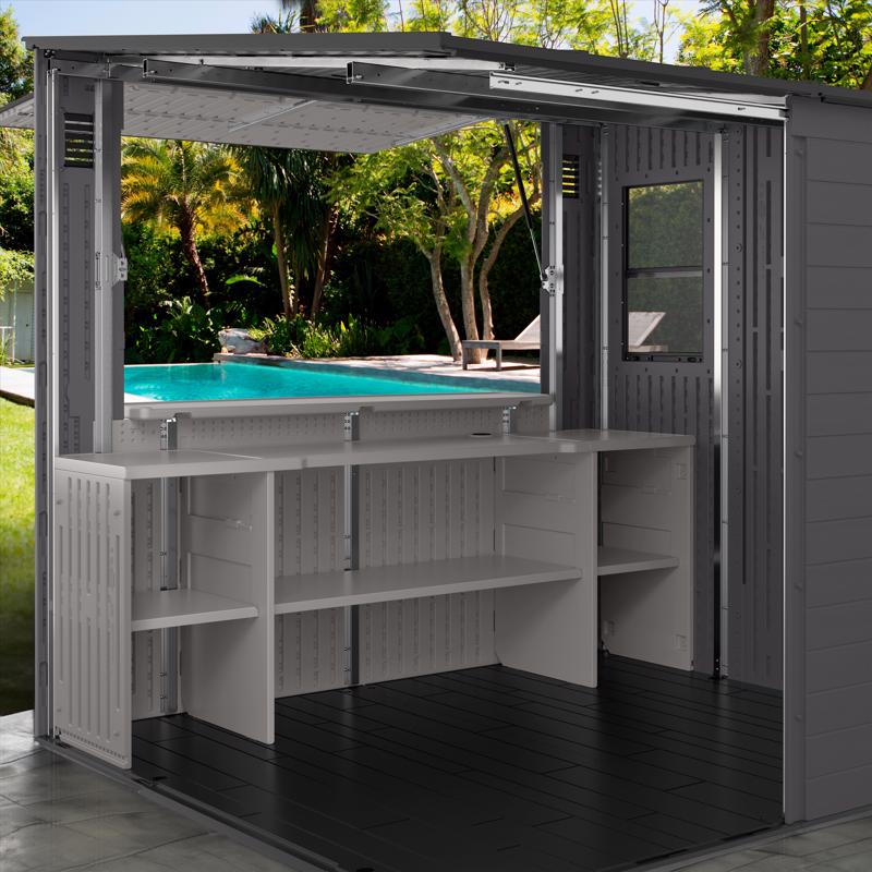 Suncast Cabana Entertainment Shed 8 ft. x 7 ft. Resin Standard Pent Storage Shed with Floor Kit