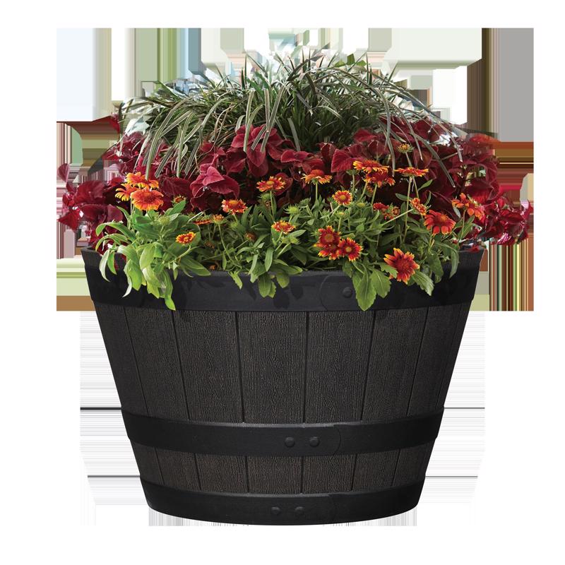 L&G 12 in. H X 19 in. W X 19 in. D X 19 in. D Polyresin Whiskey Barrel Planter Brown