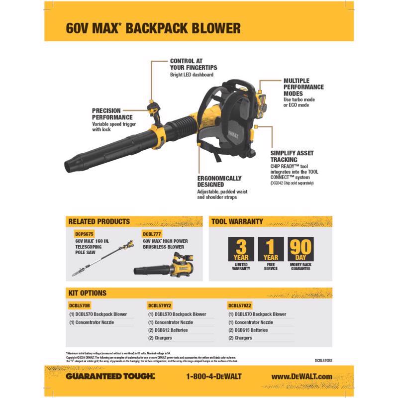 DeWalt 60V MAX DCBL570Y2 170 mph 850 CFM 60 V Battery Backpack Blower Kit (Battery & Charger)