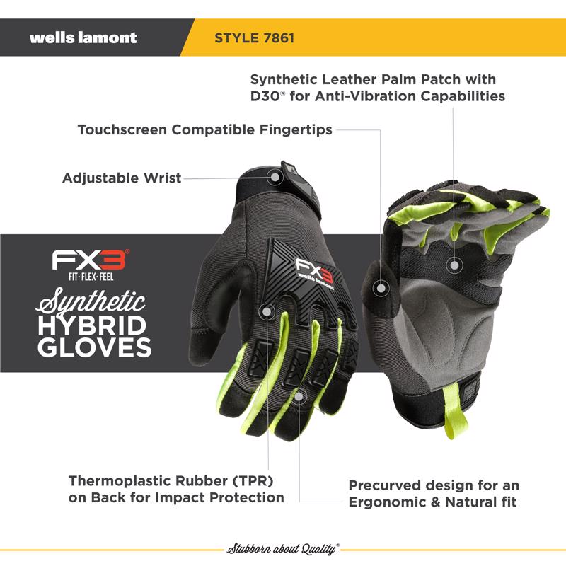 Wells Lamont FX3 Men's Indoor/Outdoor Hi-Viz Work Gloves Black/Yellow XL 1 pair