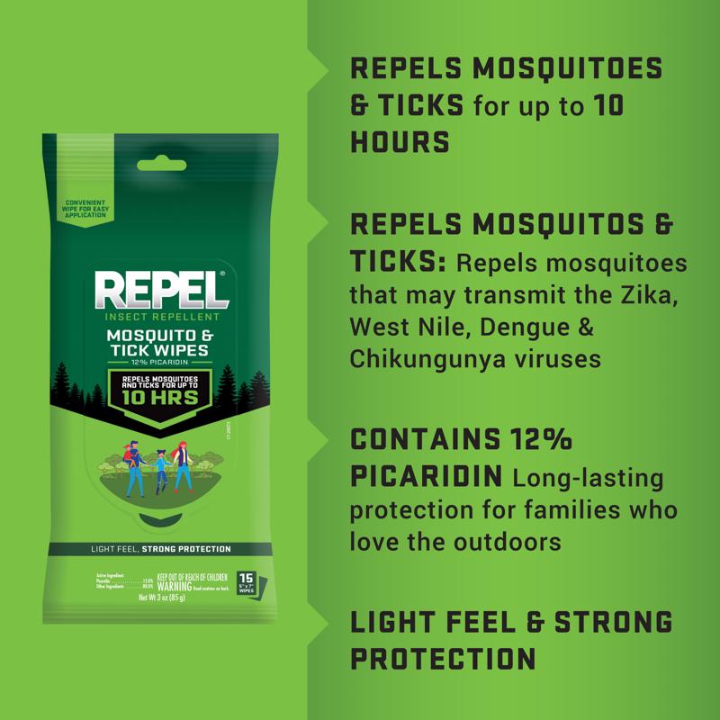 Repel Insect Repellent Towelettes For Mosquitoes/Ticks 15 ct