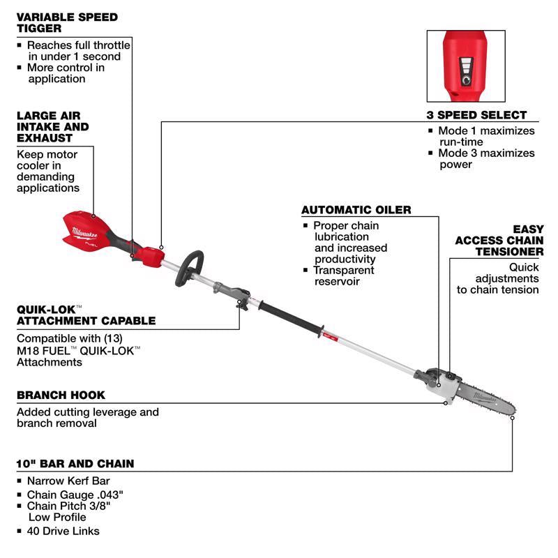 Milwaukee M18 FUEL Quik-Lok 3016-20PS 10 in. 18 V Battery Pole Saw Tool Only