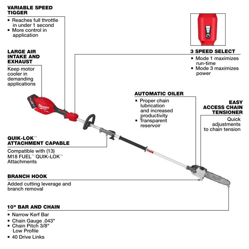 Milwaukee M18 Fuel 3016-21PS 10 in. 18 V Battery Pole Saw Kit (Battery & Charger) 3/8 in.