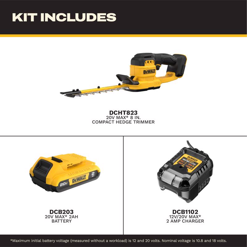 DeWalt DCHT823B 8 in. 20 V Battery Hedge Trimmer Kit (Battery & Charger)