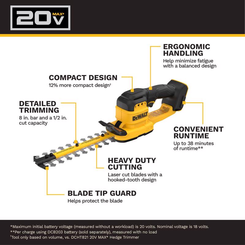 DeWalt DCHT823B 8 in. 20 V Battery Hedge Trimmer Kit (Battery & Charger)