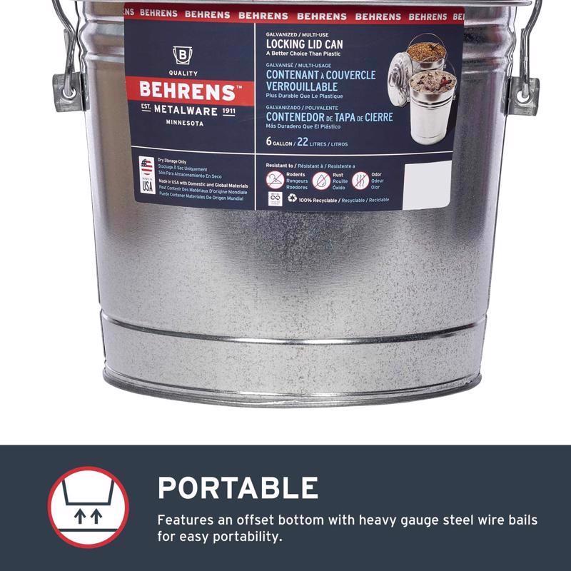 Behrens 6 gal Silver Galvanized Steel Trash Can Lid Included Animal Proof/Animal Resistant