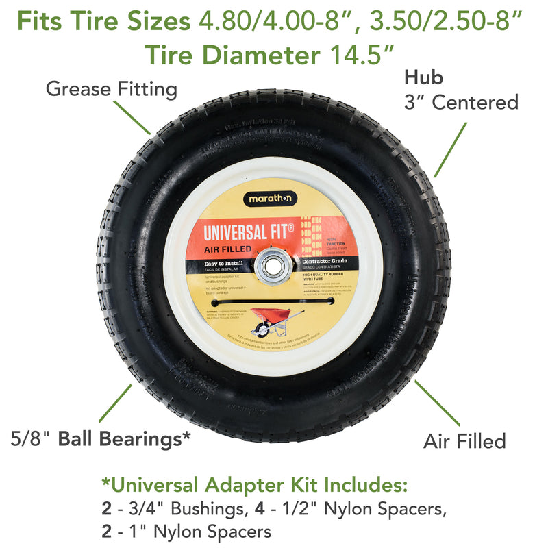 Marathon Universal Fit 8 in. D X 14.5 in. D 300 lb. cap. Centered Wheelbarrow Tire Rubber