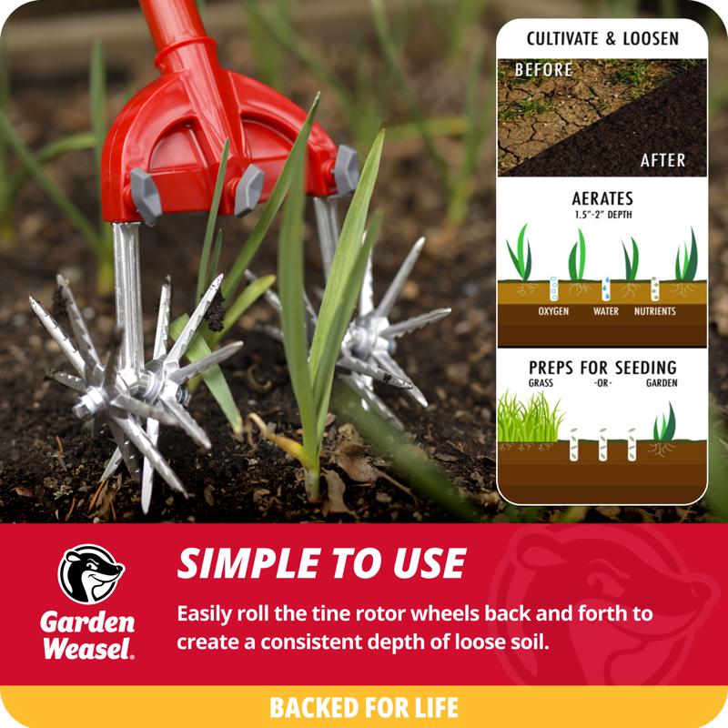 Garden Weasel 3 Tine Steel Rotary Hand Cultivator 55 in. Steel Handle