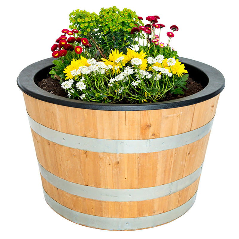Real Wood Products 16.5 in. H X 26 in. W X 26 in. D Wood Half Wine Barrel Planter Natural
