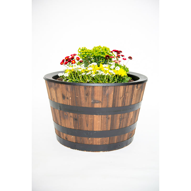 Real Wood Products 16 in. H X 24.8 in. W X 26 in. D Wood Half Whiskey Barrel Planter Brown