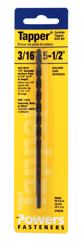 HILLMAN Tapper 3/16 in. X 5-1/2 in. L Carbide Tipped Drill Bit Straight Shank