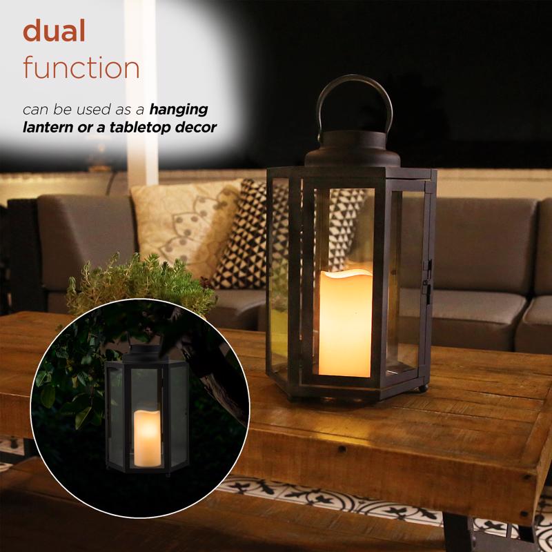 Alpine 14 in. Glass/Plastic Decorative Black Flameless Lantern