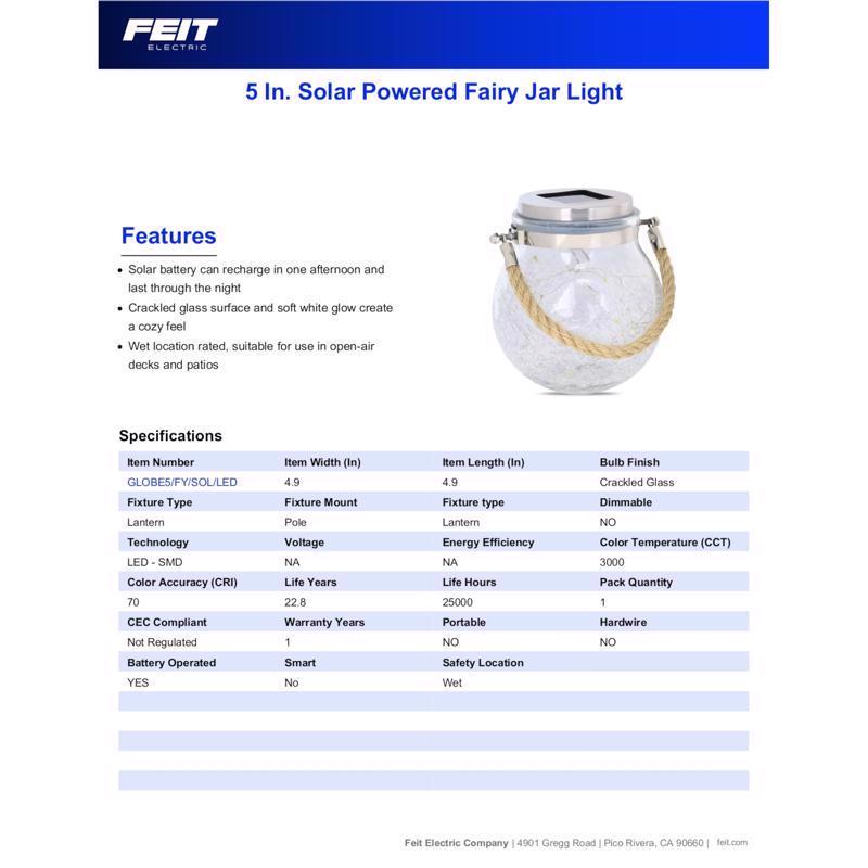 Feit Solar Fixtures 5 in. Solar Power Glass Round Bronze Crackle Jar w/Fairy Lights