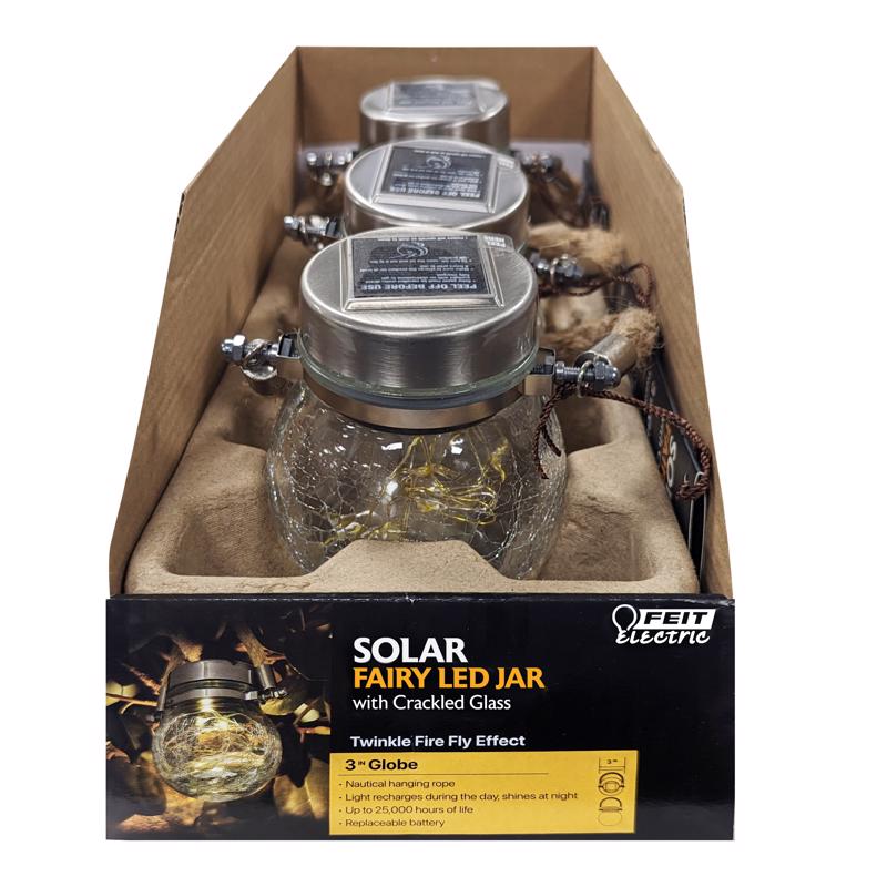 Feit Solar Fixtures 3.7 in. Solar Power Glass Round Coach Lantern Clear Crackle Jar w/Fairy Lights