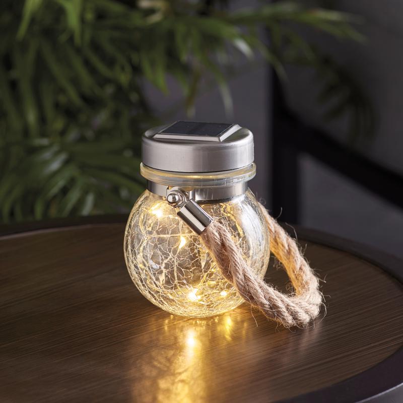 Feit Solar Fixtures 3.7 in. Solar Power Glass Round Coach Lantern Clear Crackle Jar w/Fairy Lights