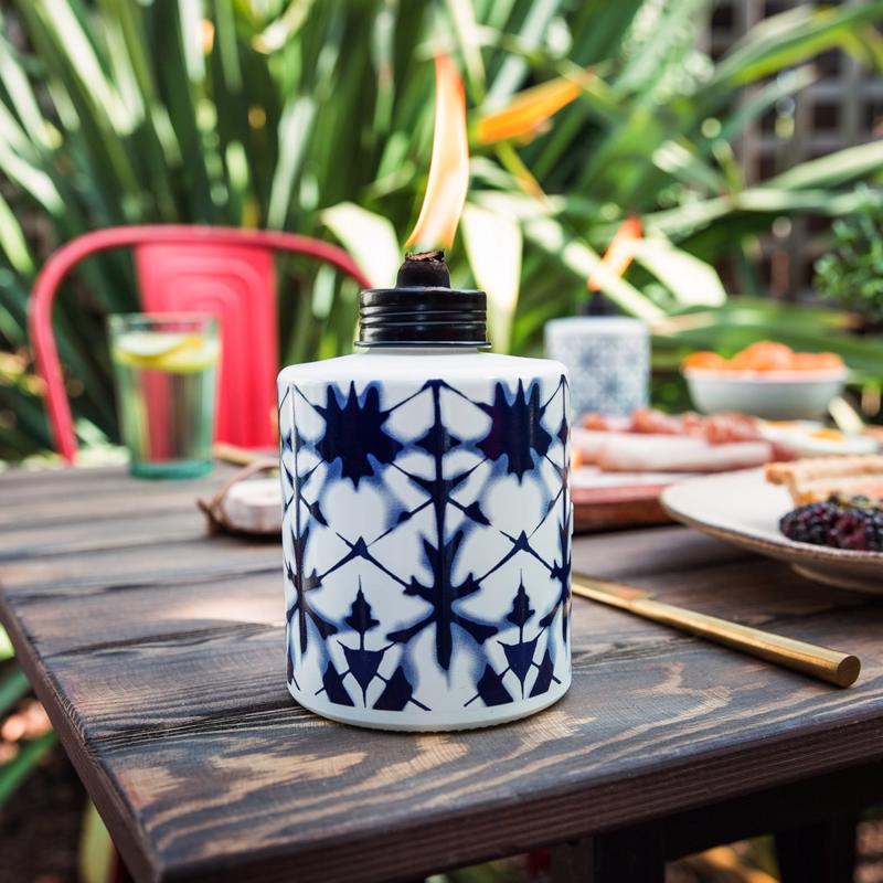TIKI Blue/White Glass 5.75 in. Tiedye Tabletop Torch