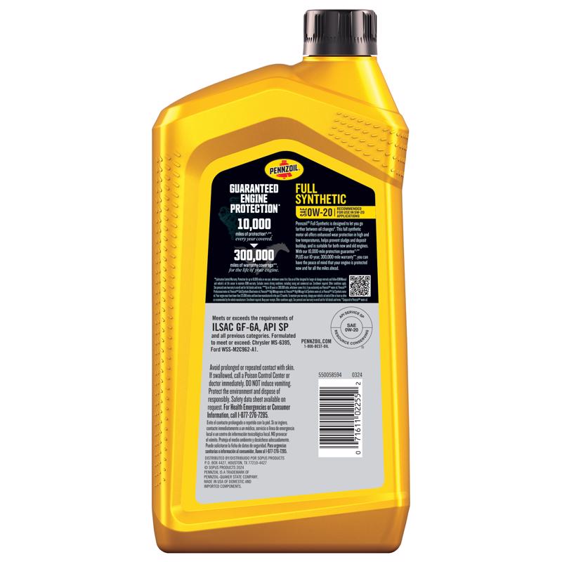 Pennzoil 0W-20 Gasoline Synthetic Motor Oil 1 qt