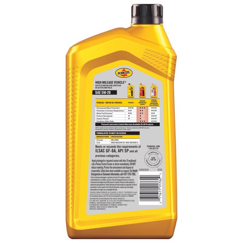 Pennzoil High Mileage 5W-20 Gasoline High Mileage Motor Oil 1 qt