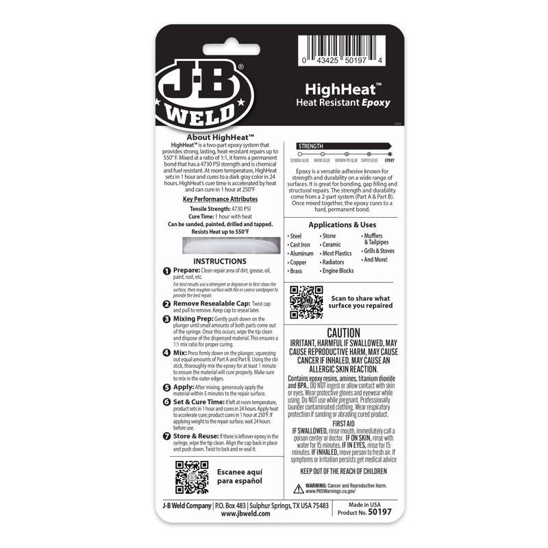 J-B Weld High Heat High Strength Acrylic Dark Gray Epoxy 0.85 oz