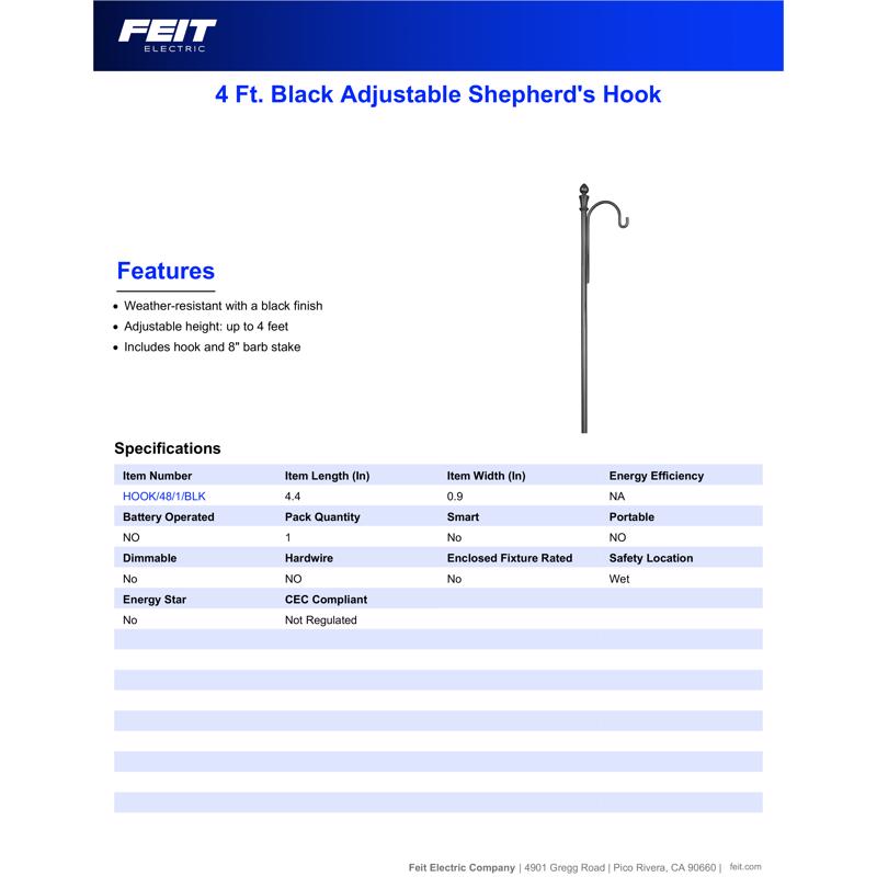 Feit Black Metal 48 in. H Solar Fixtures Shepherd's Hook