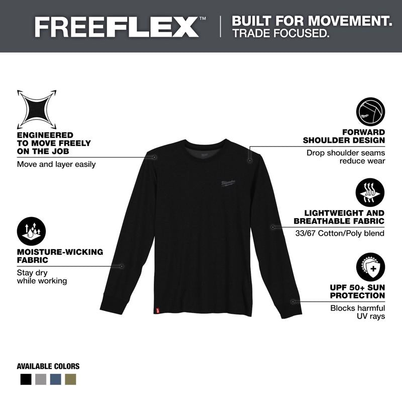 Milwaukee Freeflex M Long Sleeve Men's Crew Neck Black Hybrid Work Tee Shirt