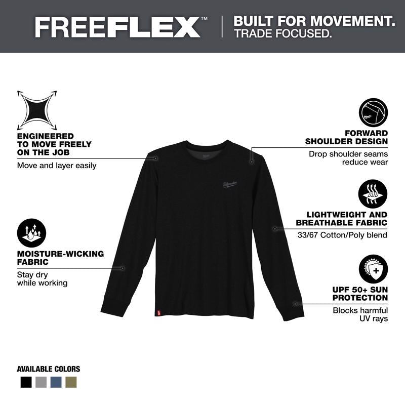 Milwaukee Freeflex XL Long Sleeve Men's Crew Neck Black Hybrid Work Tee Shirt