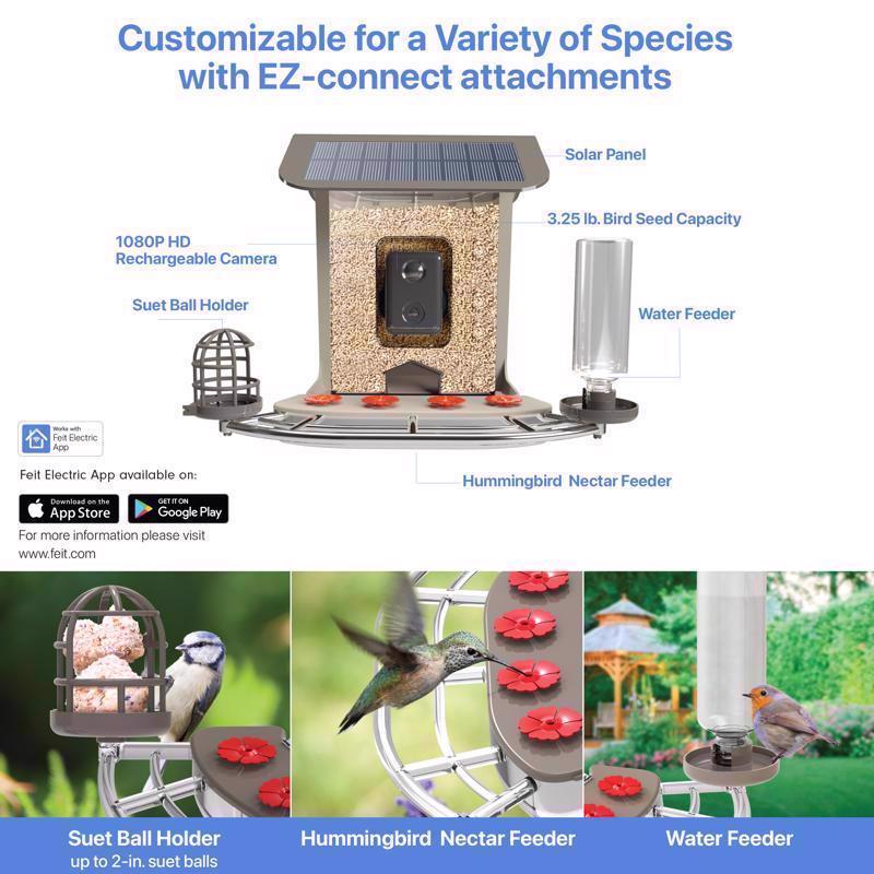 Feit Bird Genius A.I. Wild Bird 2.5 L Plastic Solar Camera Smart-Enabled Bird Feeder 1 ports