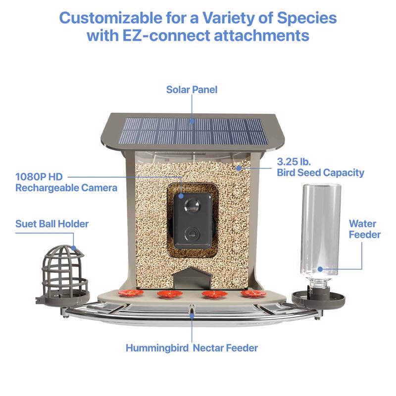 Feit Bird Genius A.I. Wild Bird 2.5 L Plastic Solar Camera Smart-Enabled Bird Feeder 1 ports
