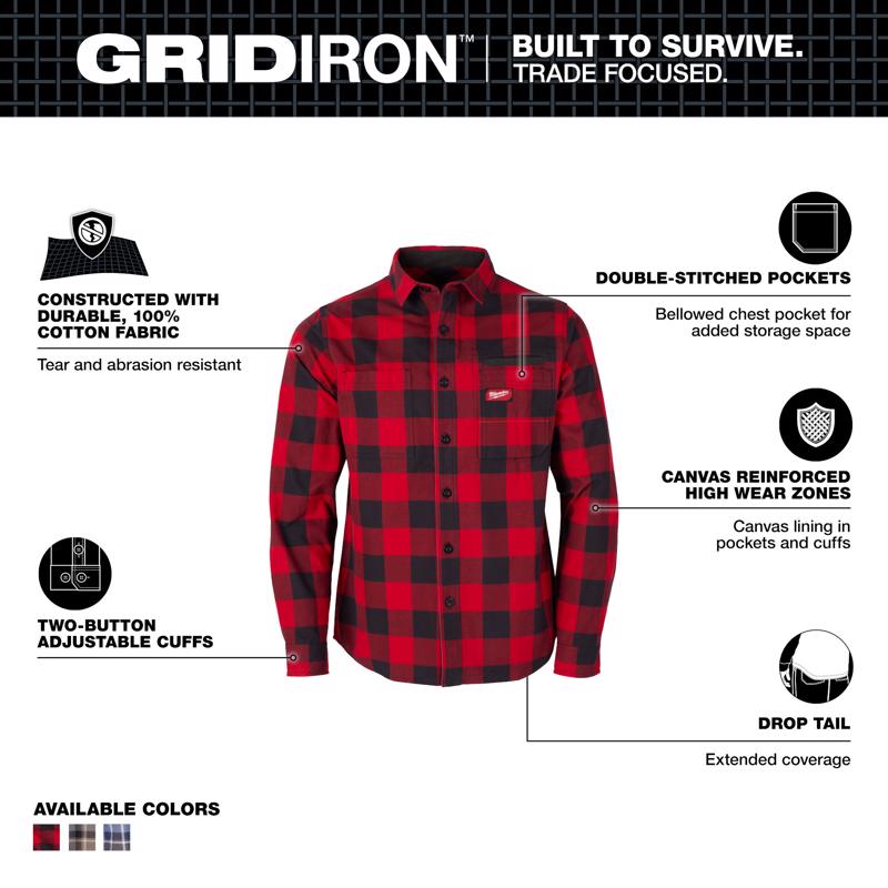 Milwaukee Gridiron XL Long Sleeve Men's Collared Red Flannel Shirt