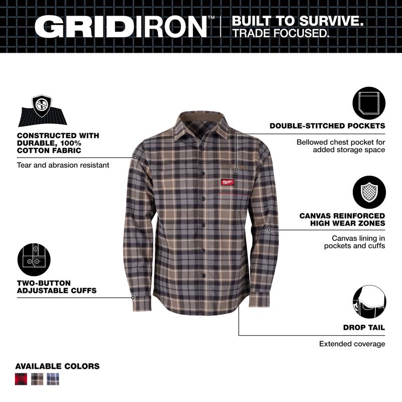 Milwaukee Gridiron XXL Long Sleeve Men's Collared Gray Flannel Shirt