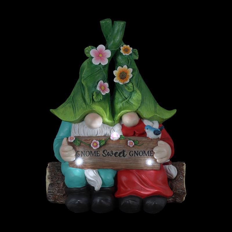 Exhart Multicolored Resin 13 in. H Gnome Couple w/Sign Solar Statue