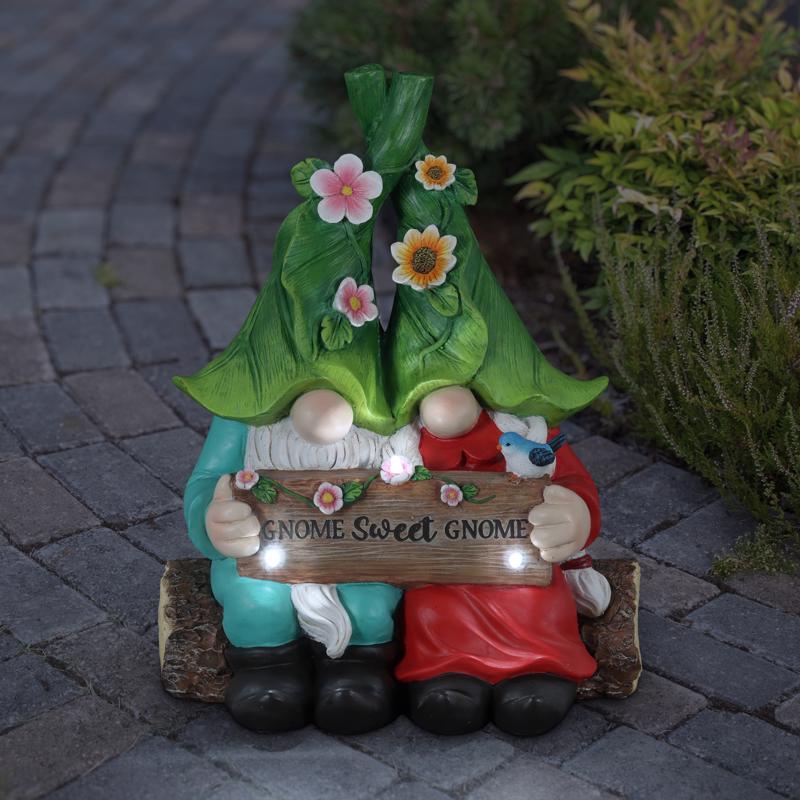 Exhart Multicolored Resin 13 in. H Gnome Couple w/Sign Solar Statue