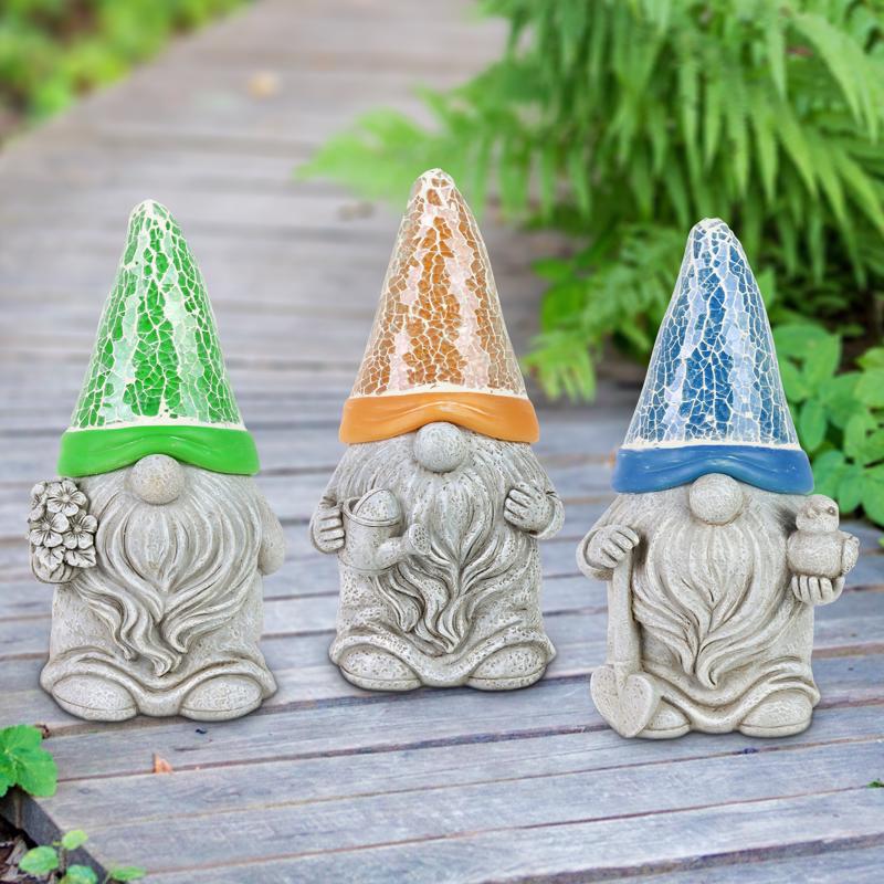 Exhart Assorted Resin 8 in. H Mosaic Hat Gnomes Solar Statue