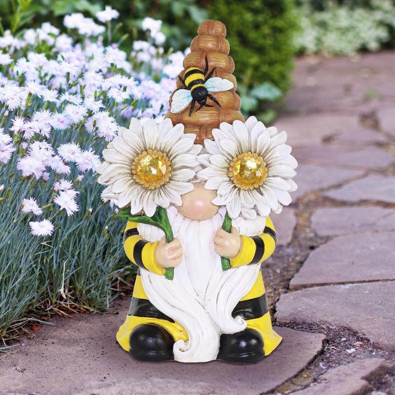Exhart Assorted Resin 11 in. H Beekeeper Gnome Solar Statue