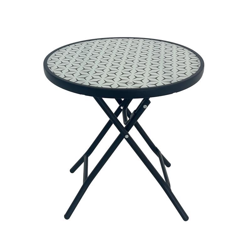 Living Accents Patterned Top Black Round Glass Folding Side Table