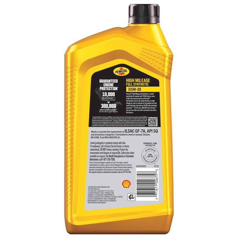 Pennzoil Full Synthetic 5W-20 High Mileage Motor Oil 1 qt