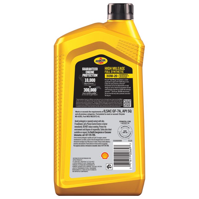 Pennzoil Full Synthetic 0W-20 High Mileage Motor Oil 1 qt