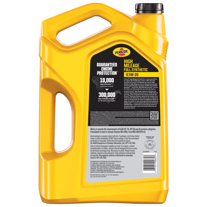 Pennzoil Full Synthetic 5W-20 High Mileage Motor Oil 5 qt