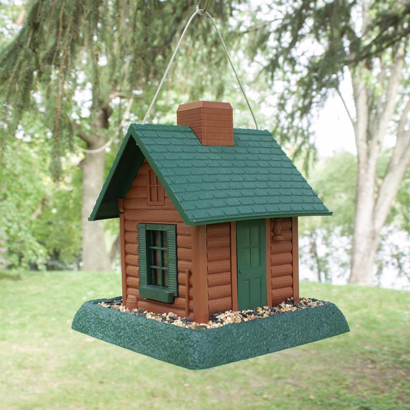 North States Log Cabin Wild Bird 1 lb Plastic Log Cabin Hopper Bird Feeder 4 ports