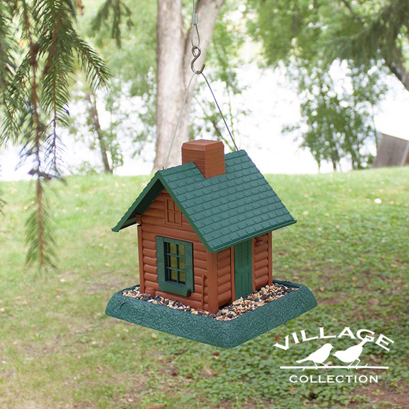 North States Log Cabin Wild Bird 1 lb Plastic Log Cabin Hopper Bird Feeder 4 ports