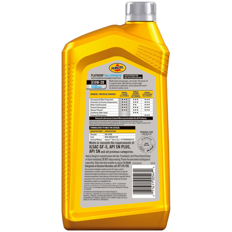 Pennzoil Platinum 0W-20 4-Cycle Synthetic Motor Oil 1 qt