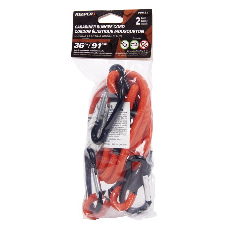 Keeper Orange Carabiner Style Bungee Cord 36 in. L X 0.315 in. 2 pk