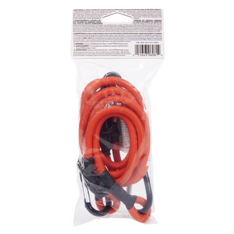 Keeper Orange Carabiner Style Bungee Cord 36 in. L X 0.315 in. 2 pk