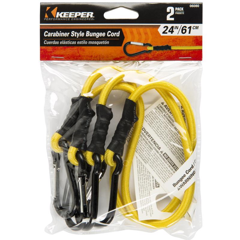 Keeper Yellow Carabiner Style Bungee Cord 24 in. L X 0.315 in. 2 pk