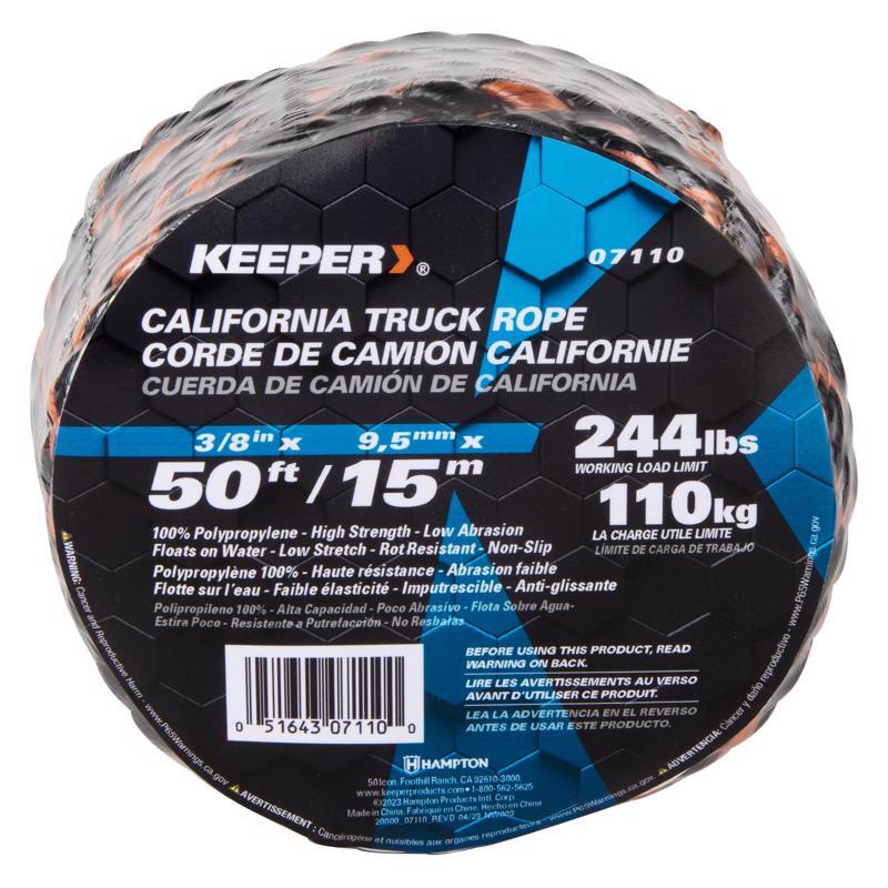Keeper 3/8 in. W X 50 ft. L Black/Orange Truck Rope 244 lb