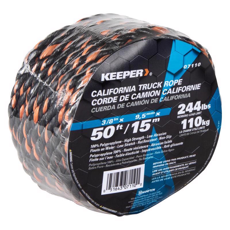 Keeper 3/8 in. W X 50 ft. L Black/Orange Truck Rope 244 lb